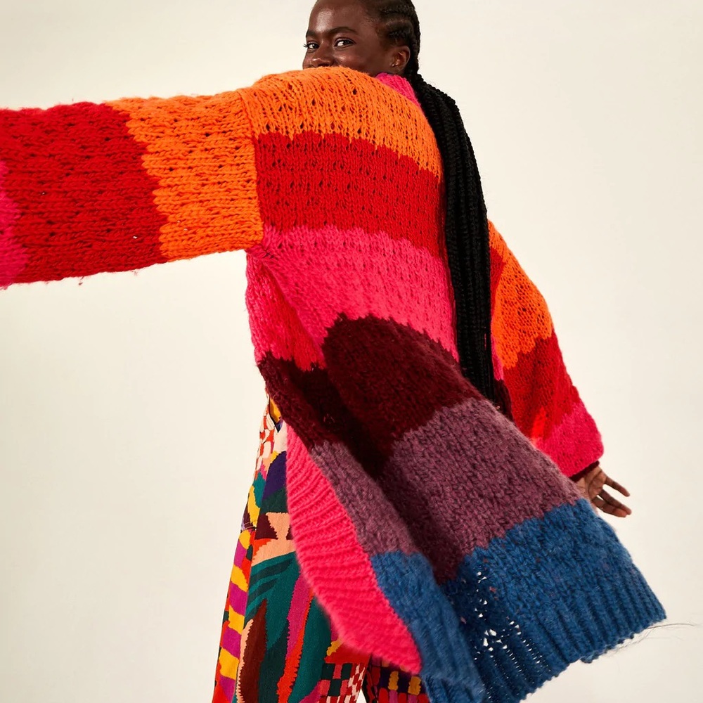 🎉🥳🎉Farm Rio Bold & Bright Block-Striped Chunky Oversized Open Cardigan 🌈